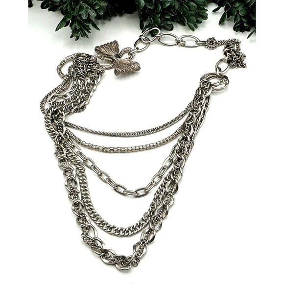 Layered Silver-Tone Chain Statement Necklace With Mesh Bow Pendant & Lobster Cla - Picture 1 of 5